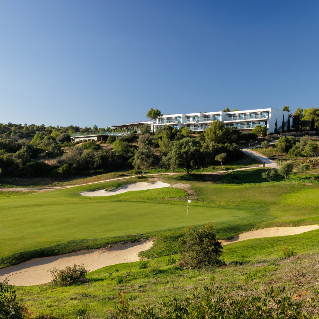 Clubhouse and apartments overlooking parkland fairways at Palmares Golf, Lagos, Algarve.
