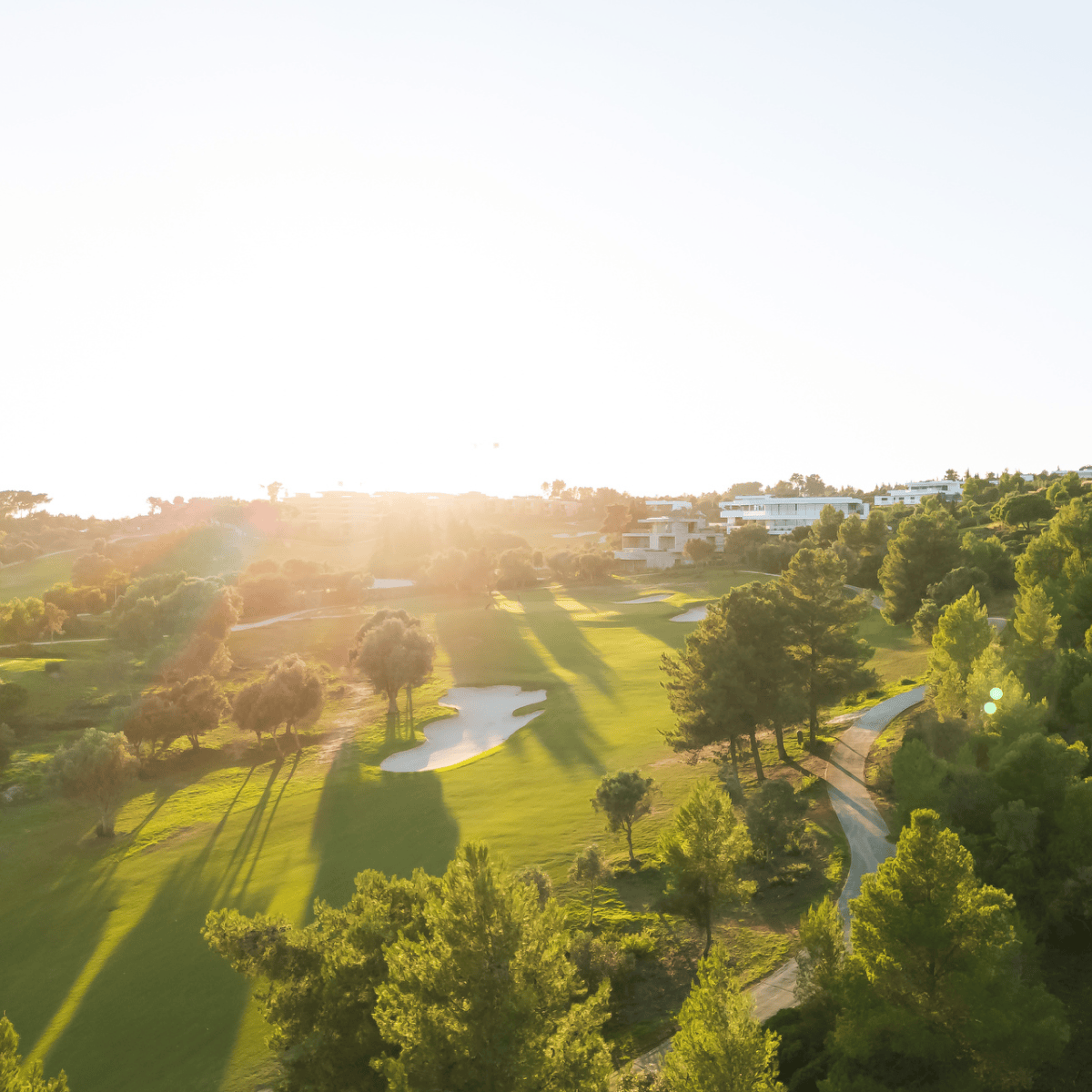 Campo de golfe de Palmares ao entardecer com luz dourada e sombras longas, transmitindo serenidade e exclusividade em pleno Algarve.