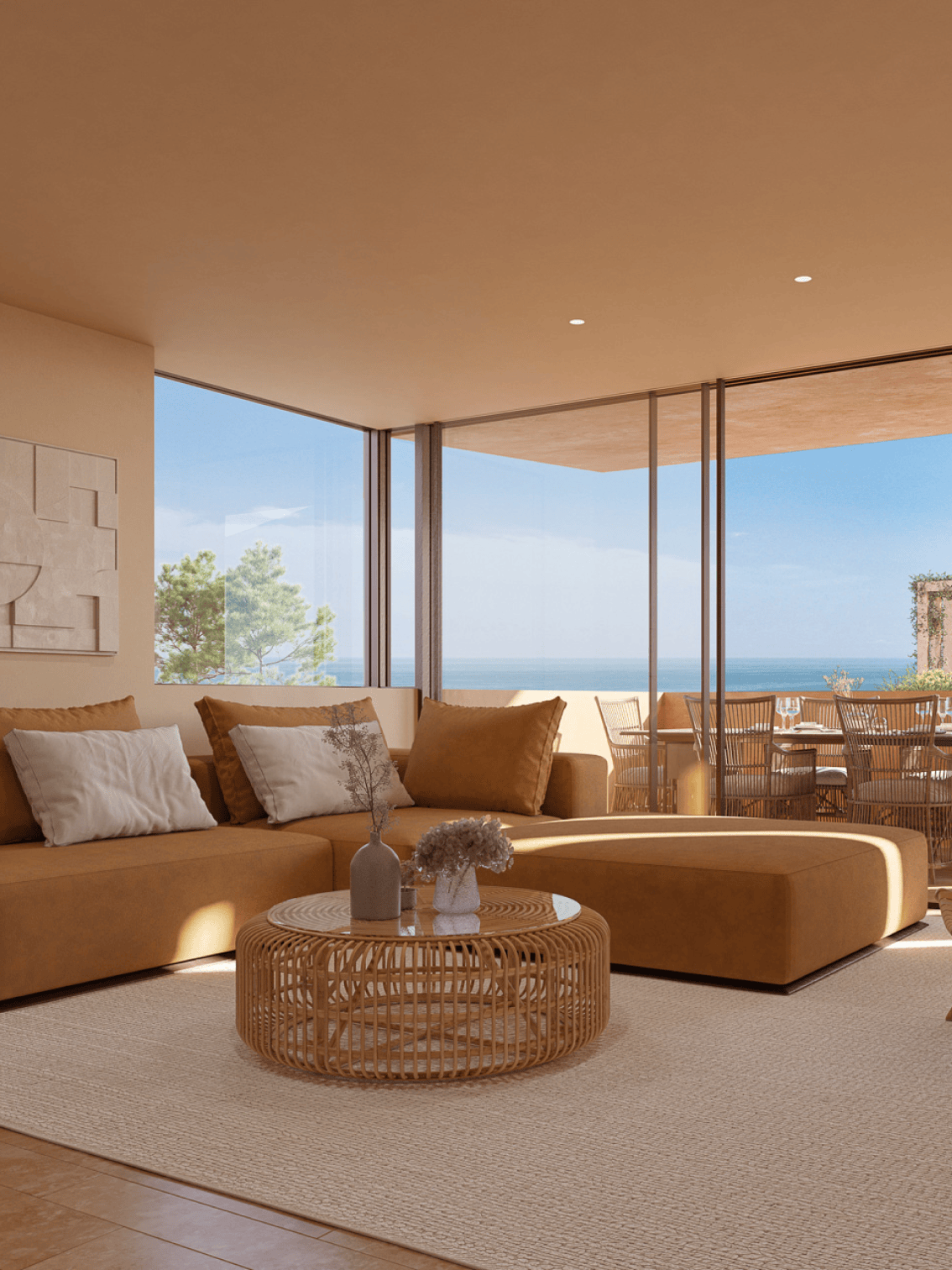 Sala de estar com design minimalista e tons quentes nos Palmares Signature Apartments, com varanda voltada para o mar.