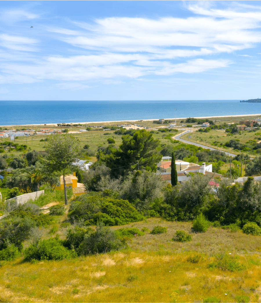 Vista panorâmica da costa algarvia com mar azul e vegetação natural, captada a partir do Palmares Ocean Living & Golf.